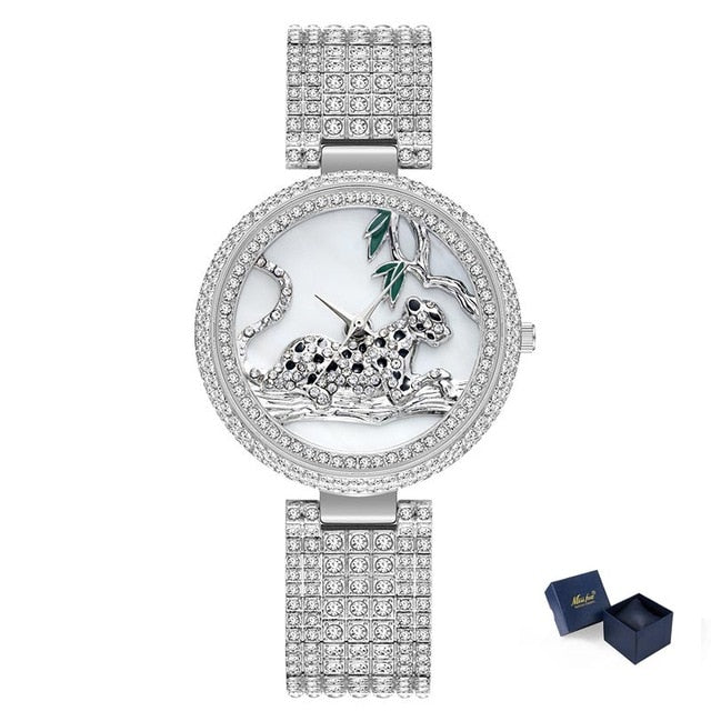 Missfox Leopard Silver Full Crystal Diamond Watch