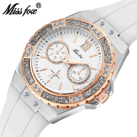 Missfox Geneva Fashion Diamond White Rubber Band Quartz Wristwatch