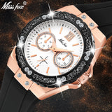 Missfox Brand Rose Gold Diamond Black Rubber Band Wrist Watch