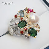 Multi Color Oval Green Fuschia Crystal Ring Silver plated Large Hollow rings