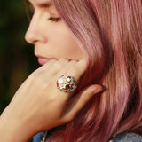 Multi Color Oval Green Fuschia Crystal Ring Silver plated Large Hollow rings