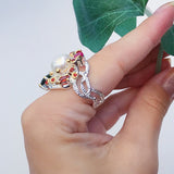 Multi Color Oval Green Fuschia Crystal Ring Silver plated Large Hollow rings