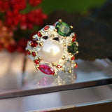 Multi Color Oval Green Fuschia Crystal Ring Silver plated Large Hollow rings