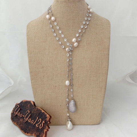 N012905 49" White Keshi Pearl Cz Pave Chain Long Necklace