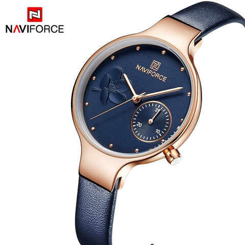 NAVIFORCE Blue Quartz Leather Watchband Casual Waterproof Wristwatch