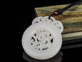 Natural White Hand-carved Chinese Hetian stone dragon Pendant + Rope Necklace