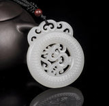 Natural White Hand-carved Chinese Hetian stone dragon Pendant + Rope Necklace