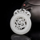 Natural White Hand-carved Chinese Hetian stone dragon Pendant + Rope Necklace