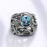 Big oval blue crystal Black and Anti silver plate ring