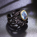 Big oval blue crystal Black and Anti silver plate ring