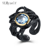 Big oval blue crystal Black and Anti silver plate ring