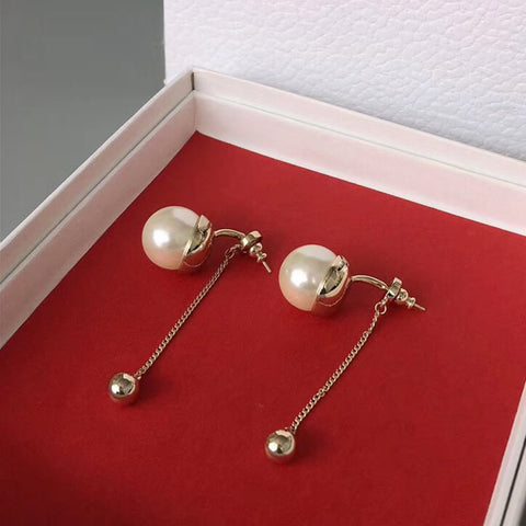 Long Round Pearl Earrings Gold Color Dangle Tassel Earrings