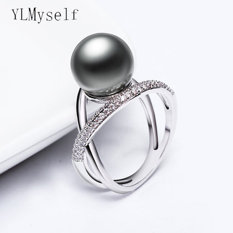 Grey Pearl Trendy White Brass Ring