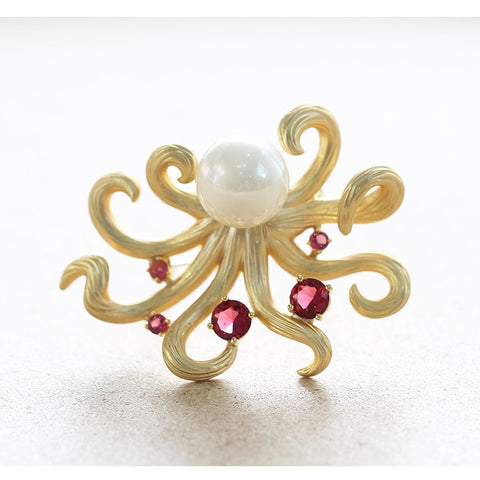 New gold inlaid stone octopus brooch