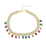 Rock style miami cuban chain choker jewelry with rainbow baguette cz drop charm necklace