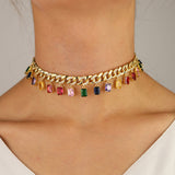 Rock style miami cuban chain choker jewelry with rainbow baguette cz drop charm necklace