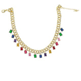 Rock style miami cuban chain choker jewelry with rainbow baguette cz drop charm necklace