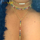 Rock style miami cuban chain choker jewelry with rainbow baguette cz drop charm necklace