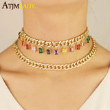 Rock style miami cuban chain choker jewelry with rainbow baguette cz drop charm necklace