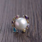 S925 ladies zircon pearl silver ring