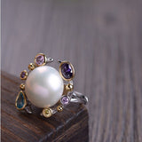 S925 ladies zircon pearl silver ring