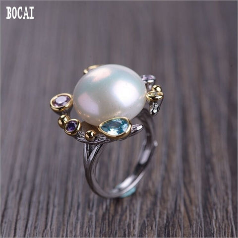 S925 ladies zircon pearl silver ring