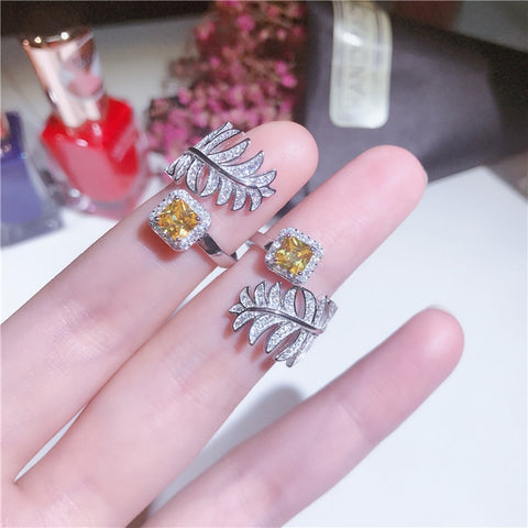 S925 sterling silver yellow crystal single feather Individual bling ring