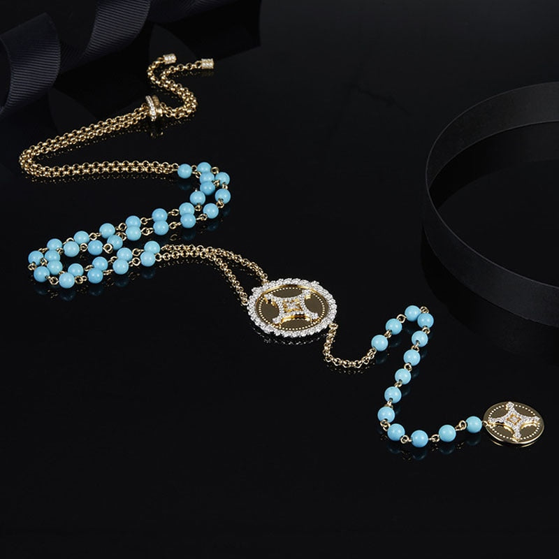 SLJELY 925 Sterling Silver Yellow Gold Color Round Turchese Zircon SOLSEIL Necklace