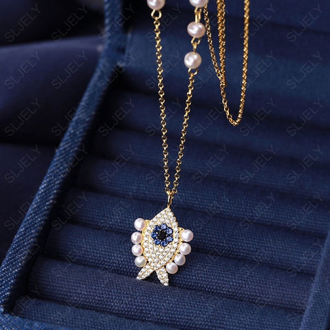 SLJELY Luxury 925 Sterling Silver Yellow Gold Color Lucky Eye Pearl Fish Pendant Necklace
