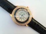 Sparkling Analog Ladies Quartz Crystal Dial Double Diamond Wristwatch