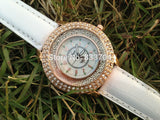 Sparkling Analog Ladies Quartz Crystal Dial Double Diamond Wristwatch