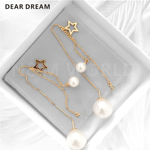 Star Pearl Chain Tassel Dangle Earrings