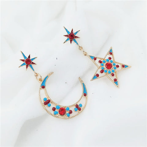 Statement Dangle Summer Beach Pentagram Moon Asymmetrical Earrings