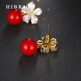 Austrian Crystal Flower Shape Red Pearl Drop Earrings HIBRIDE E-248