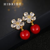 Austrian Crystal Flower Shape Red Pearl Drop Earrings HIBRIDE E-248