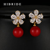 Austrian Crystal Flower Shape Red Pearl Drop Earrings HIBRIDE E-248