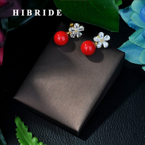 Austrian Crystal Flower Shape Red Pearl Drop Earrings HIBRIDE E-248