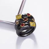 Trendy black rings with AAA Square and Round multi color crystal ring