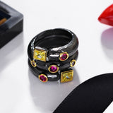 Trendy black rings with AAA Square and Round multi color crystal ring