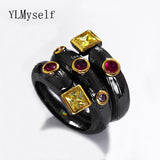 Trendy black rings with AAA Square and Round multi color crystal ring