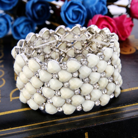 Tuliper 3 Colors Heart Bridal Austrian Crystal Rhinestone Elastic Bracelet