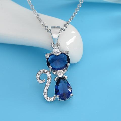 Tuliper 925 Sterling Silver Cat Animal Bridal Necklace Blue Teardrop Cubic Zircon Pendant Necklace