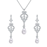 Tuliper 925 Sterling Silver Heart Vase Bridal Necklace Earrings Cubic Zircon Pearl Wedding Jewelry Set