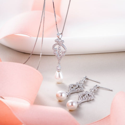 Tuliper 925 Sterling Silver Heart Vase Bridal Necklace Earrings Cubic Zircon Pearl Wedding Jewelry Set