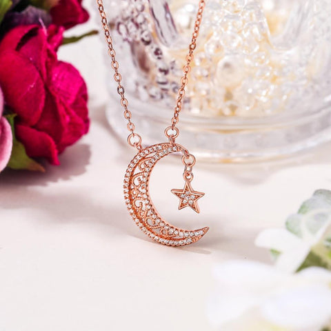 Tuliper 925 Sterling Silver Moon Star Bridal Necklace Pendant