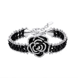 Tuliper Black Rose Flower Bracelets & Bangles Austrian Crystal Rhinestone Beads Halo Bracelet