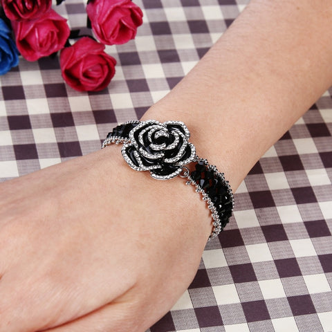 Tuliper Black Rose Flower Bracelets & Bangles Austrian Crystal Rhinestone Beads Halo Bracelet