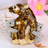 Tuliper Brown Enamel Bear Pin Austrian Crystal Rhinestone Brooches