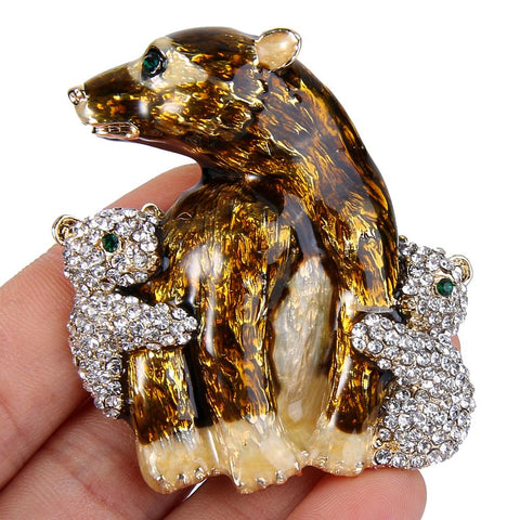 Tuliper Brown Enamel Bear Pin Austrian Crystal Rhinestone Brooches