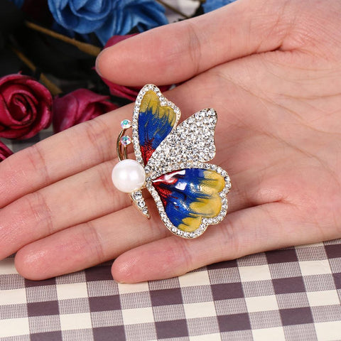 Tuliper Colorful Enamel Butterfly Animal Brooch Pin Austrian Crystal Pearl Brooches